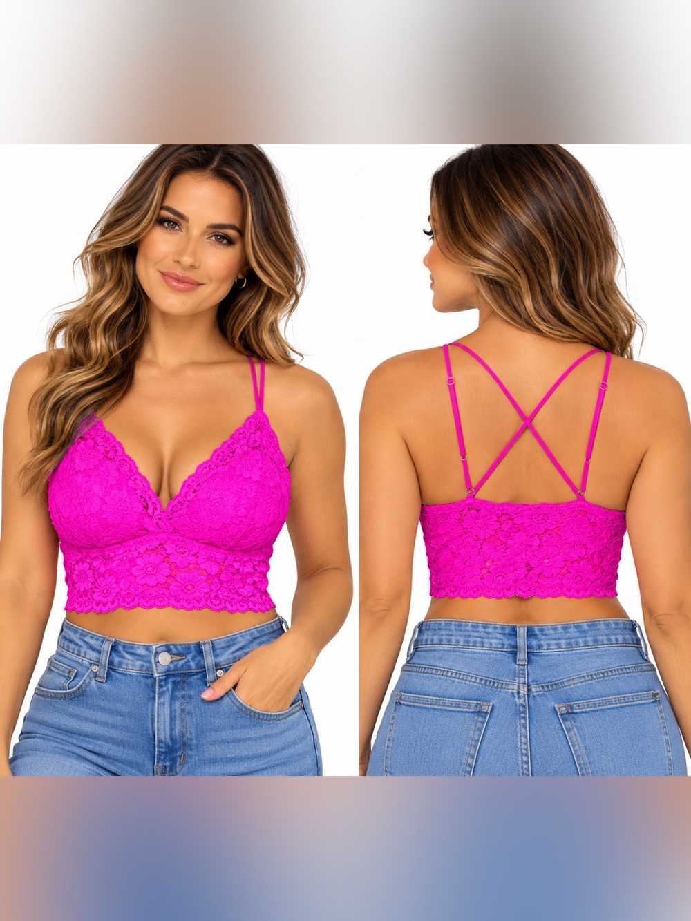 PINK Victoria’s Secret XL Hot Pink Floral Lace Strappy Longline Bralette